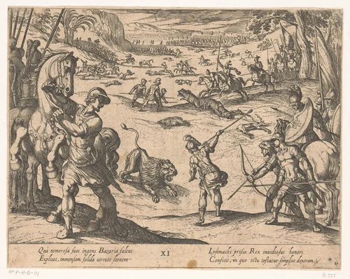 Alexander de Grote jaagt op wilde dieren te Bazaira by Antonio Tempesta, print, 1608