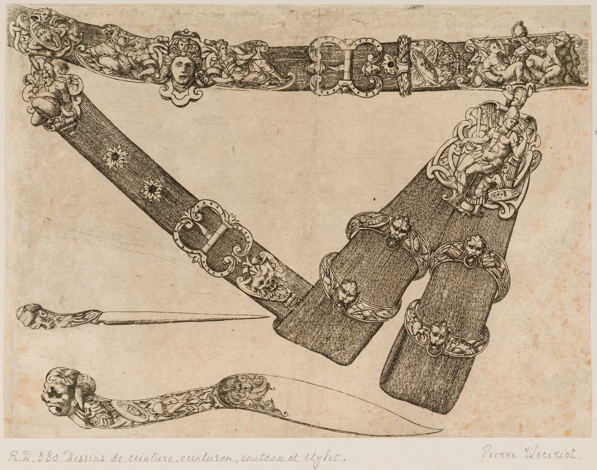 Design for a Sword-belt, Knife, and Stylus by Pierre Woeiriot, print, 1530-1580