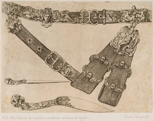 Design for a Sword-belt, Knife, and Stylus by Pierre Woeiriot, print, 1530-1580