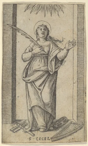 Saint Cecilia standing holding a palm of martyrdom in her right hand, from "Piccoli Santi" (Small Saints) by Marcantonio Raimondi, print, 1495-1532