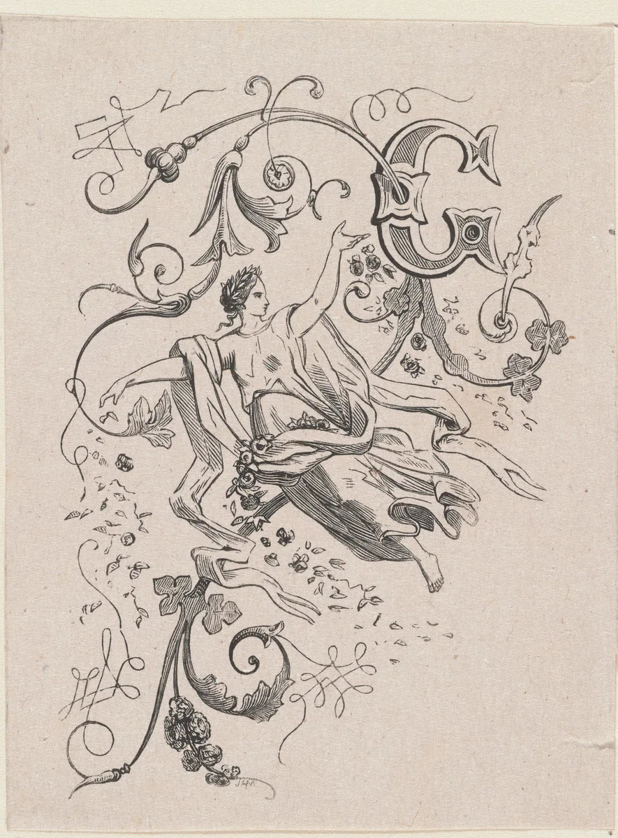 Geornamenteerde letter C met een allegorische vrouwfiguur by Isaac Weissenbruch, print, 1836-1912