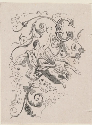 Geornamenteerde letter C met een allegorische vrouwfiguur by Isaac Weissenbruch, print, 1836-1912