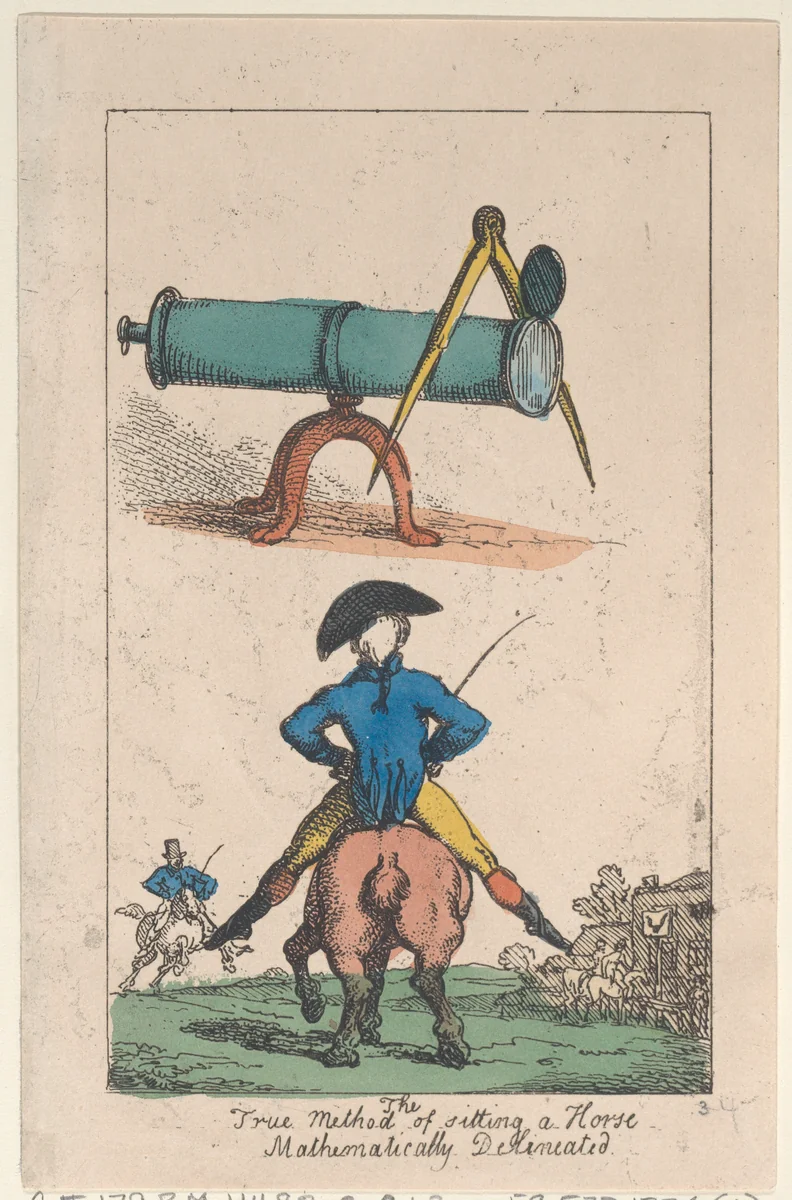 The True Method of Sitting a Horse, Mathematically Delineated by Thomas Rowlandson, print, 1809