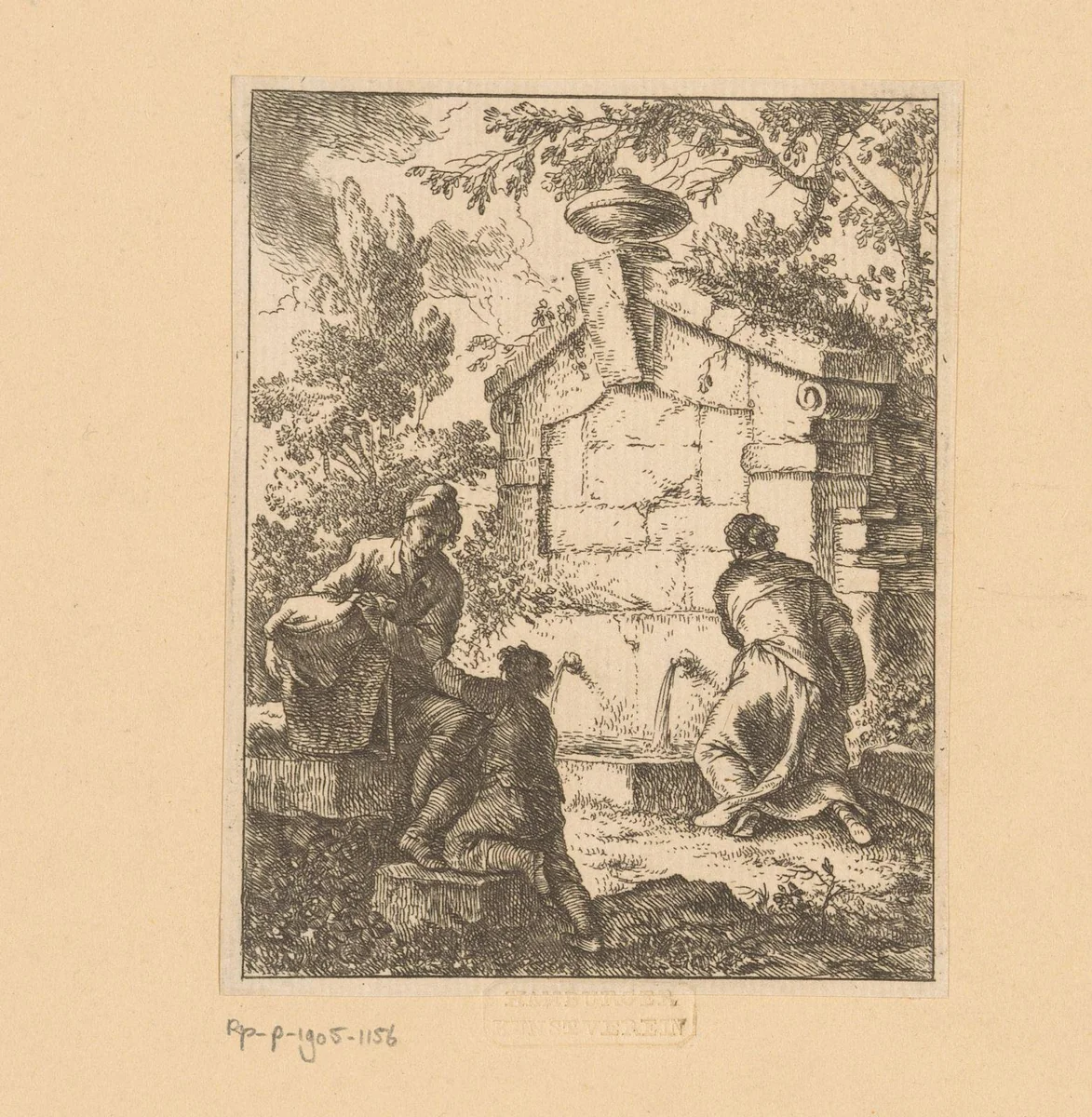 Drie reizigers halen water bij een ruïne by Franz de Paula Ferg, print, 1699-1740