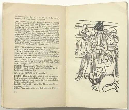 Illustration for Scene 1 (plate facing page 8) from Der Mensch is kein Haustier (Man Is Not a Domestic Animal) by Max Beckmann, illustrated book, 1937