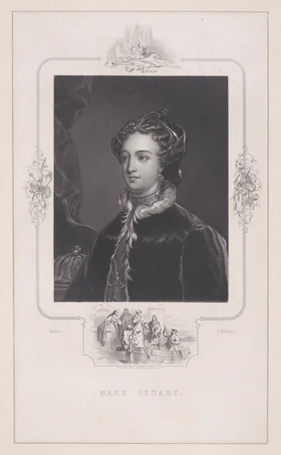 Mary, Queen of Scots, with scene of her escape from Loch Leven Castle by Thomas William Hunt, print, 1850-1880