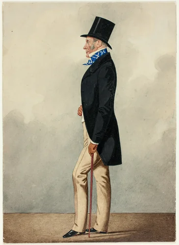Portrait of Man in Black Coat and Blue and White Cravat by Richard Dighton, painting, 1835-1840