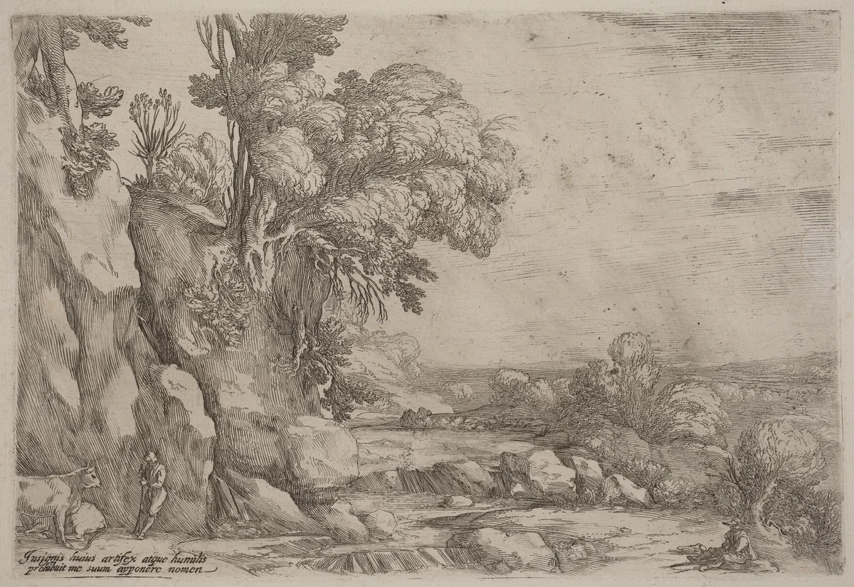 Landscape with Resting Herdsmen by Ercole Bazicaluva, print, 1638