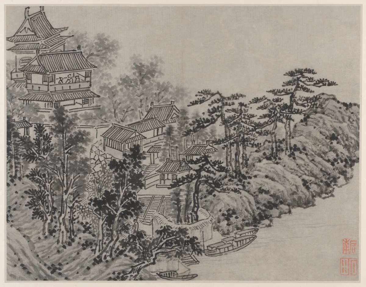 Cloud-Climbing Pavilion, from Twelve Views of Tiger Hill, Suzhou by Shen Zhou (沈周), painting, 1491-1509