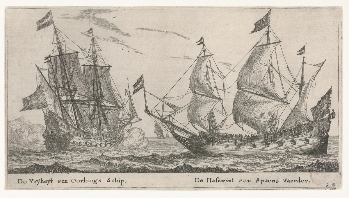 De schepen De Vrijheid en De Hazewind by Reinier Nooms, print, 1652-1654