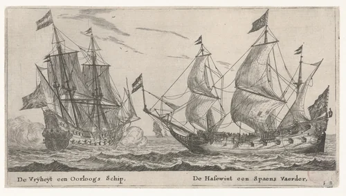 De schepen De Vrijheid en De Hazewind by Reinier Nooms, print, 1652-1654