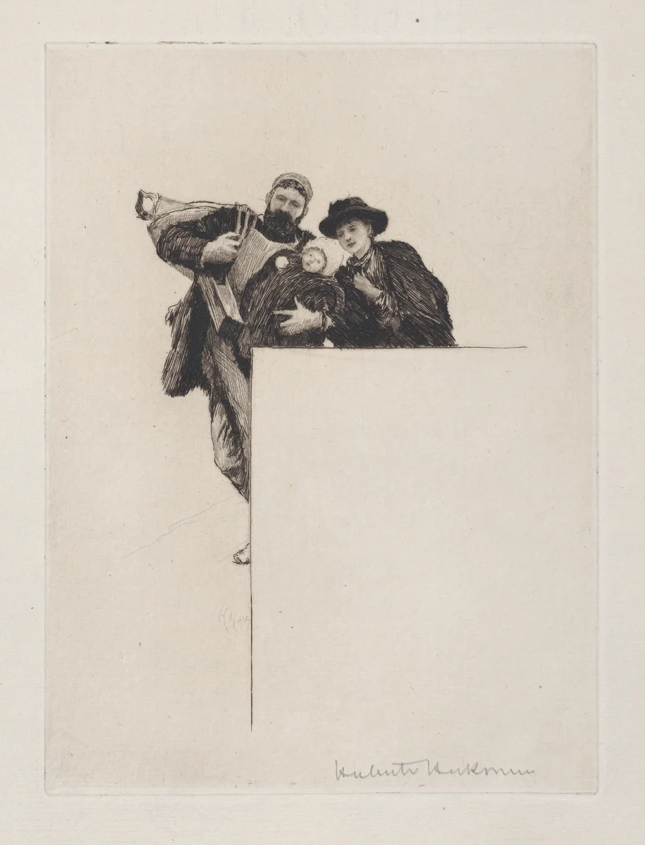 Invitation with vignette from "The First Born" (without text) by Hubert von Herkomer, print, 1887