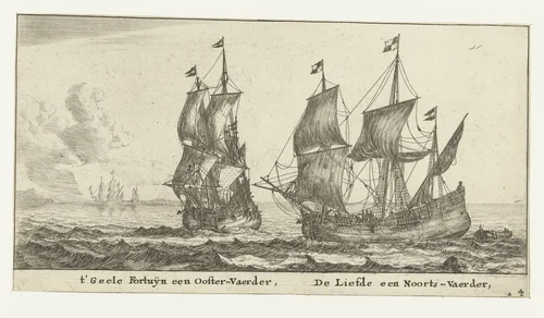 De schepen 't Gele Fortuin en De Liefde by Reinier Nooms, print, 1652-1654
