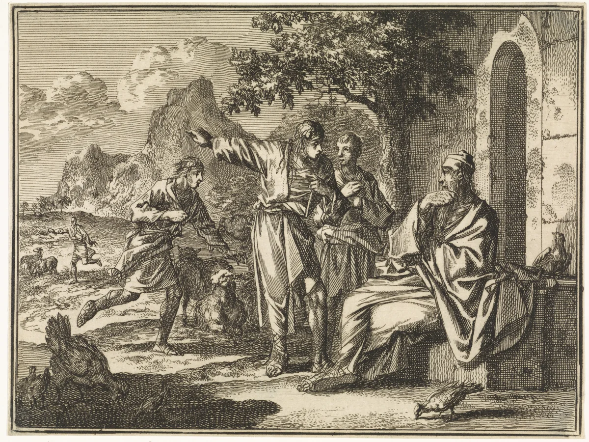 Job hoort het slechte nieuws van vier boodschappers by Jan Luyken, print, 1712