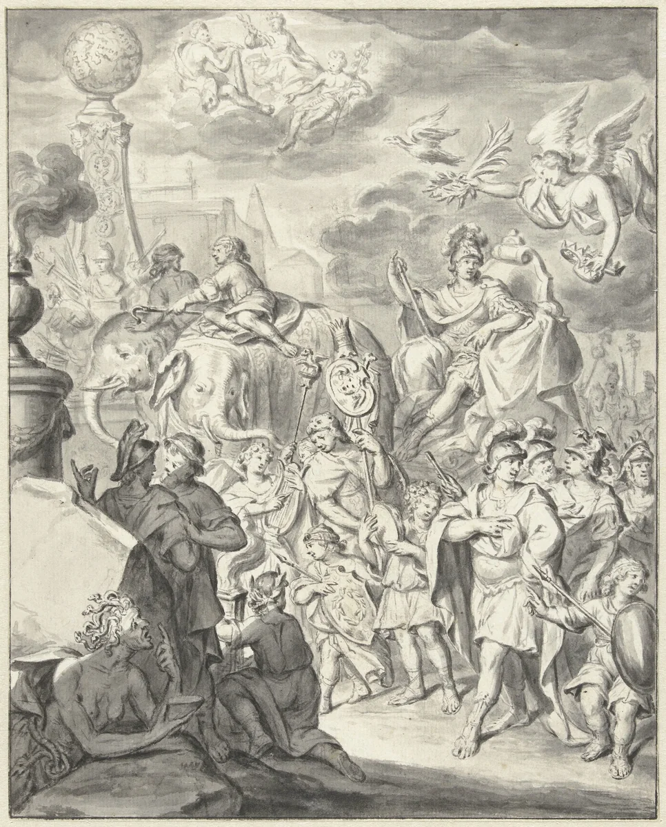 Allegorische triomfoptocht van een vorst of veldheer by François van Bleyswijck, drawing, 1671-1746