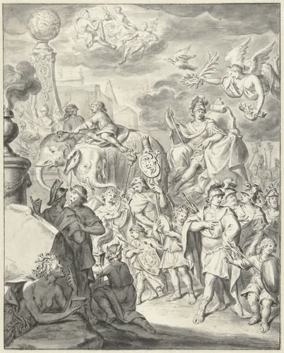 Allegorische triomfoptocht van een vorst of veldheer by François van Bleyswijck, drawing, 1671-1746