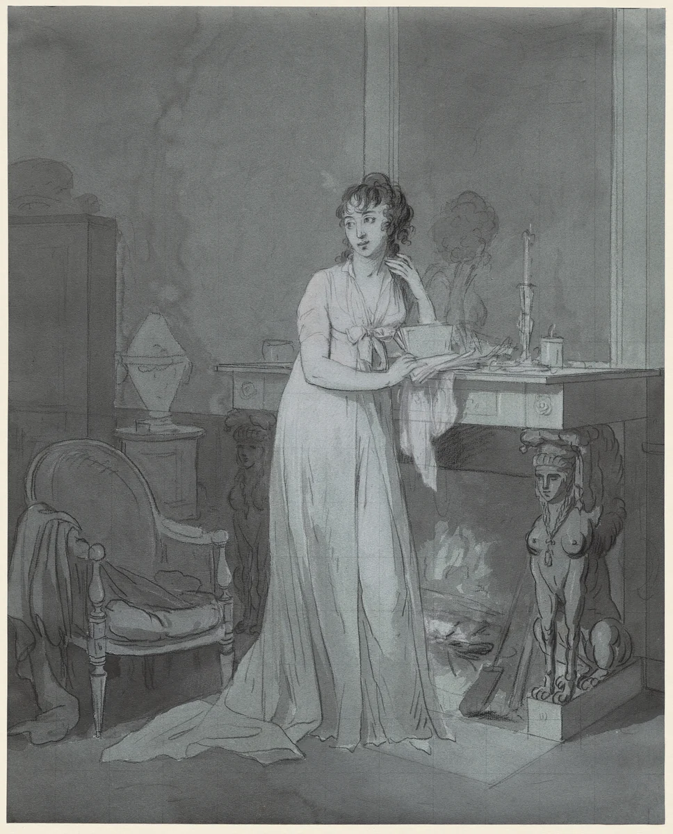 Woman in Front of a Fireplace by Louis-Léopold Boilly, drawing, 1805-1807