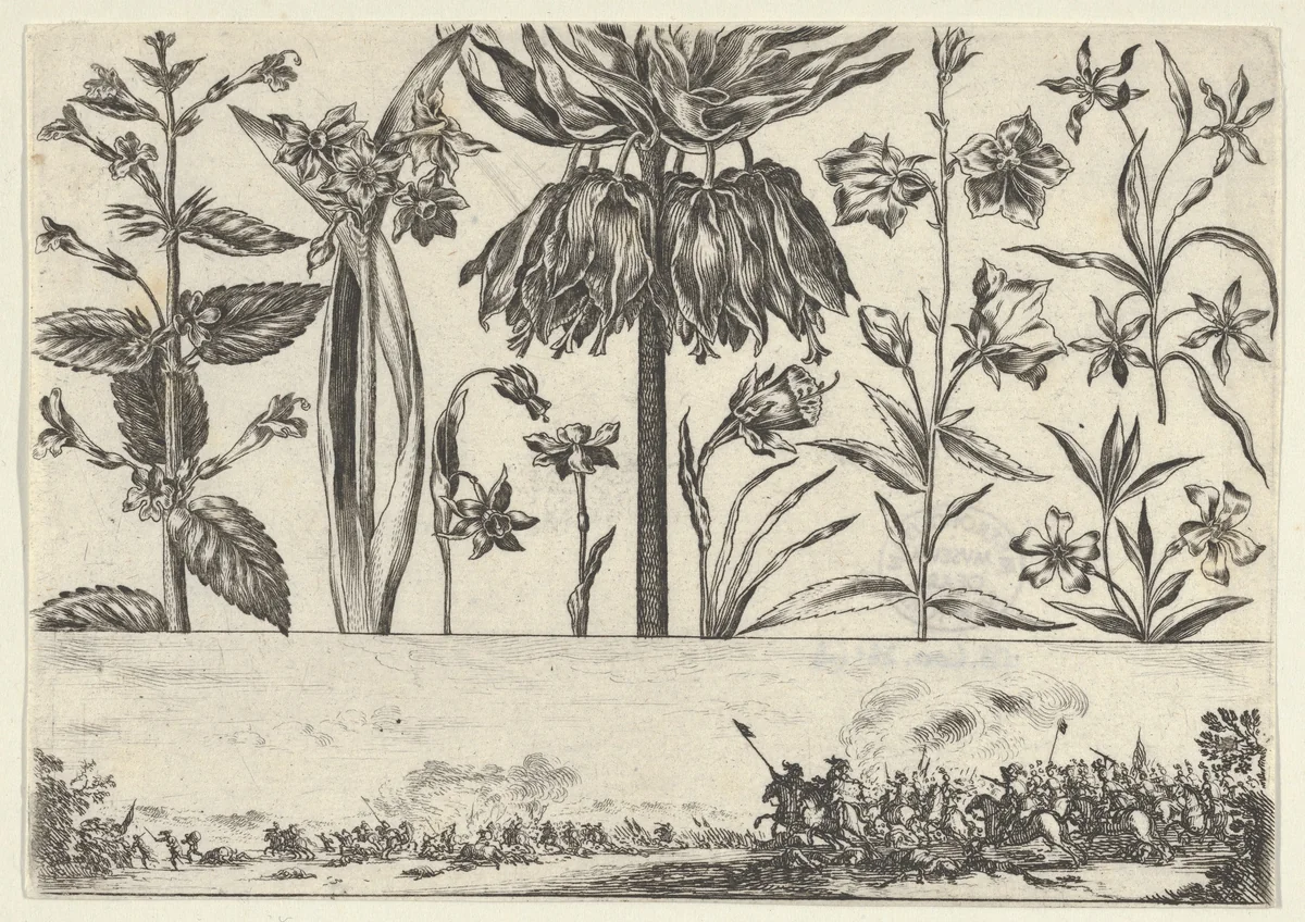 Horizontal Panel with a Row of Flowers Above a Frieze with a Battle Scene in a Landscape, from "Livre Nouveau de Fleurs Tres-Util" by Nicolas Cochin, print, 1645