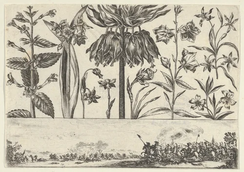 Horizontal Panel with a Row of Flowers Above a Frieze with a Battle Scene in a Landscape, from "Livre Nouveau de Fleurs Tres-Util" by Nicolas Cochin, print, 1645