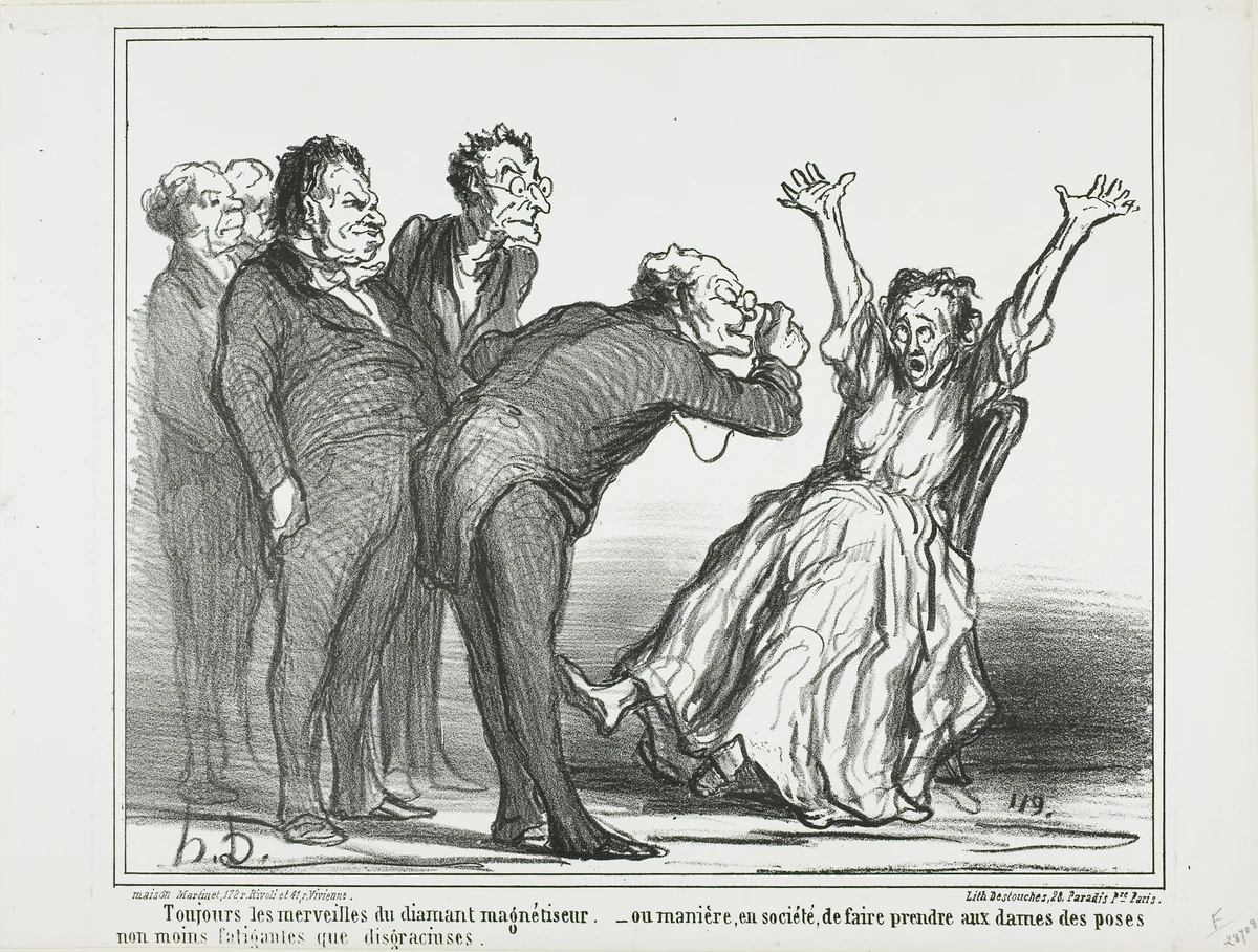 More marvels from the diamond hypnotist. Or, how to make the ladies pose in society in exhausting and not very gracious positions, plate 137 from Actualités by Honoré-Victorin Daumier, print, 1860