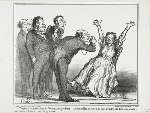 More marvels from the diamond hypnotist. Or, how to make the ladies pose in society in exhausting and not very gracious positions, plate 137 from Actualités by Honoré-Victorin Daumier, print, 1860