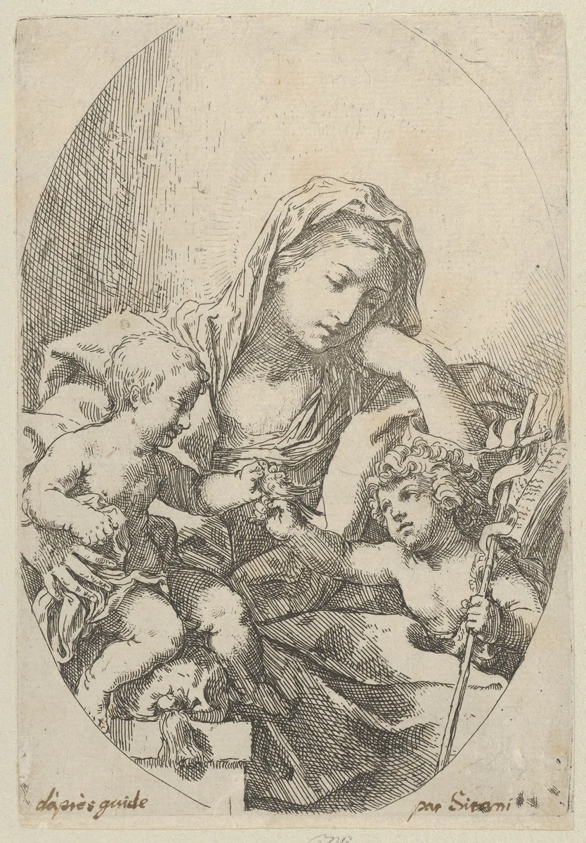 The Virgin with the Christ Child and the young Saint John the Baptist holding a bird at right, an oval composition by Lorenzo Loli, print, 1625-1680