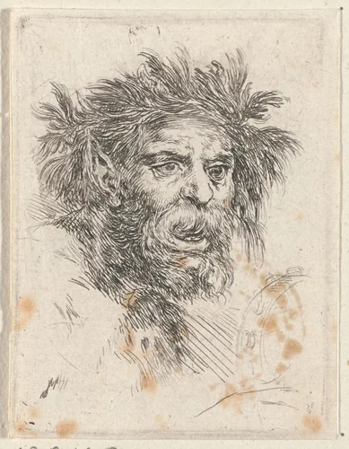 Hoofd van een sater met baard en tamboerijn by Stefano della Bella, print, 1620-1647