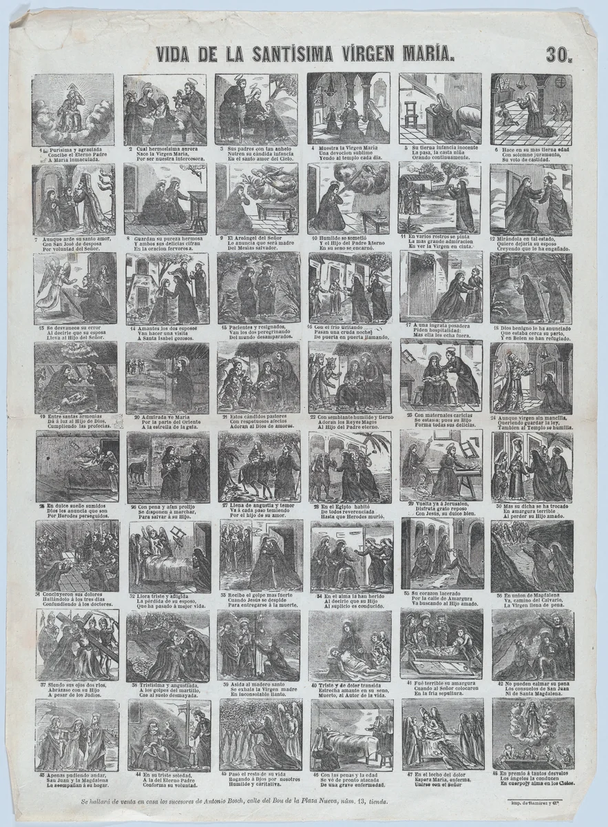 Broadside with 48 scenes of the life of the Virgin by José Noguera, print, 1868