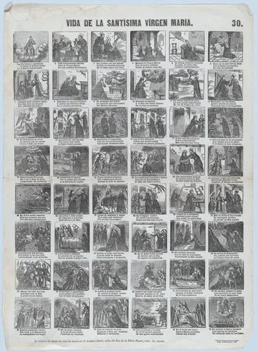 Broadside with 48 scenes of the life of the Virgin by José Noguera, print, 1868