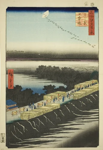 Nihon Embankment, Yoshiwara (Yoshiwara Nihonzutsumi), from the series "One Hundred Famous Views of Edo (Meisho Edo hyakkei)" by Utagawa Hiroshige (歌川広重), print, 1857