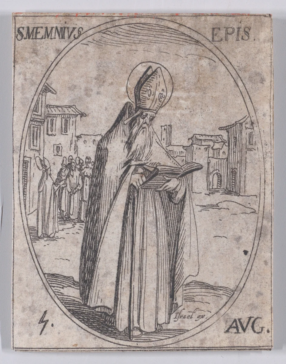 S. Memmie, évêque (St. Memmius, Bishop), August 5th, from "Les Images De Tous Les Saincts et Saintes de L'Année" (Images of All of the Saints and Religious Events of the Year) by Jacques Callot, print, 1636