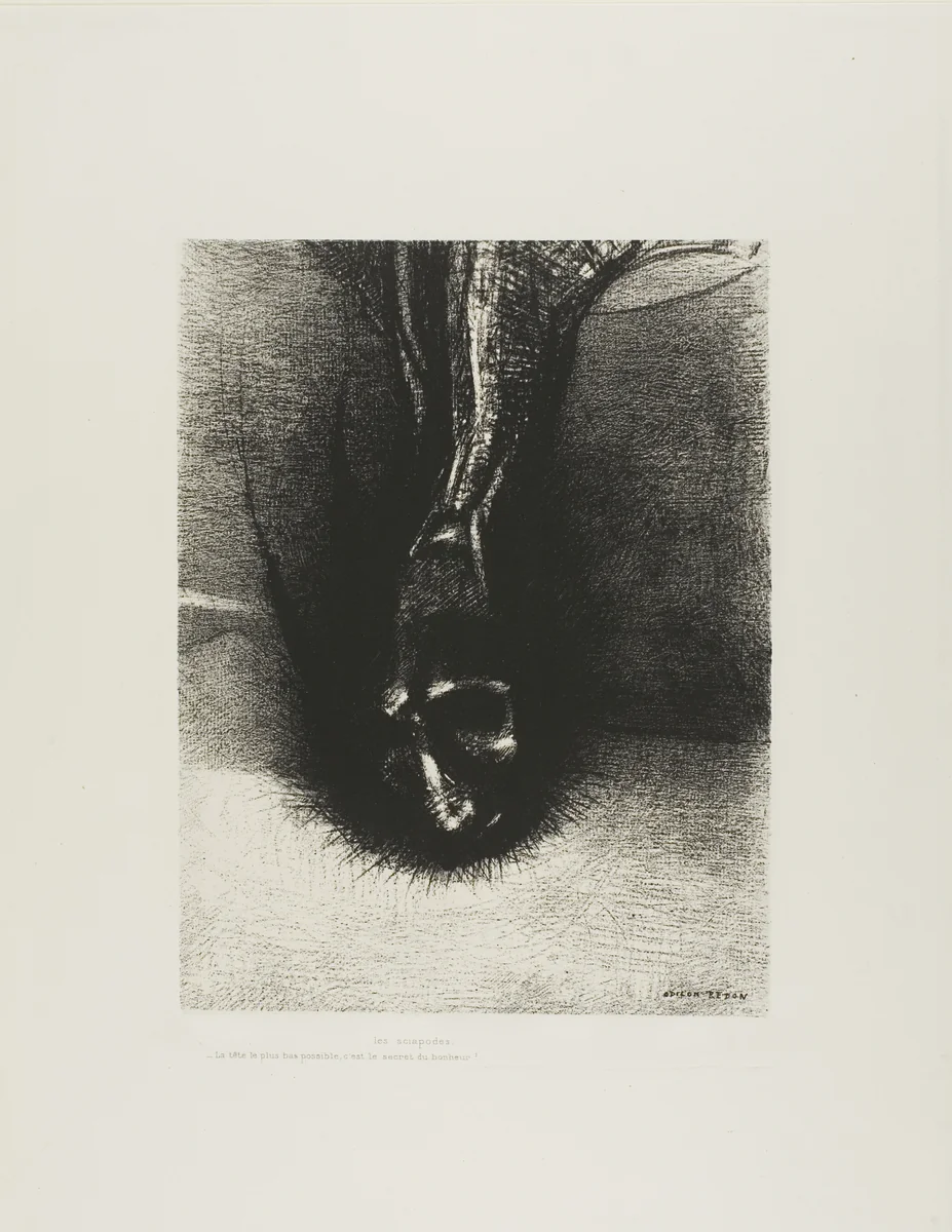 The Skiapods: "The head as low as possible, that is the secret of happiness!", plate 6 of 6 by Odilon Redon, print, 1889