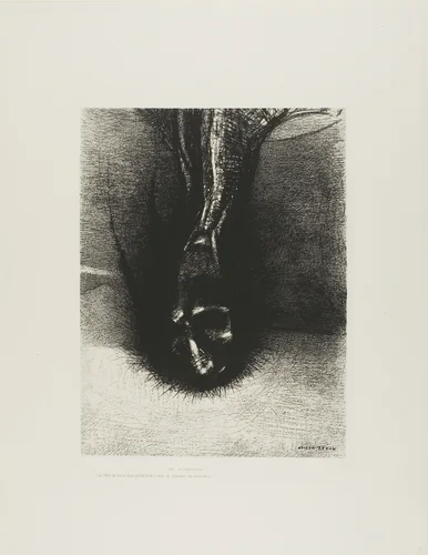 The Skiapods: "The head as low as possible, that is the secret of happiness!", plate 6 of 6 by Odilon Redon, print, 1889
