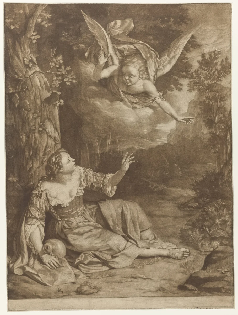 Hagar en Ismaël in de wildernis by Nicolaas Verkolje, print, 1695