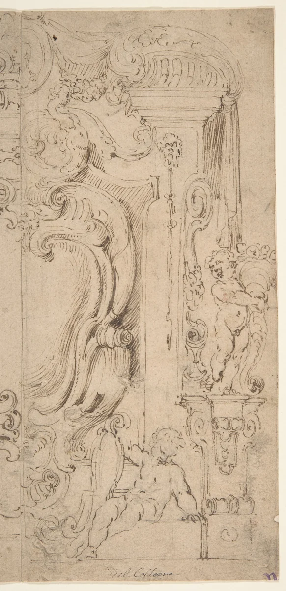 Right and Part of the Left Half of a Design for a Cartouche by Michelangelo Colonna, drawing, 1604-1687