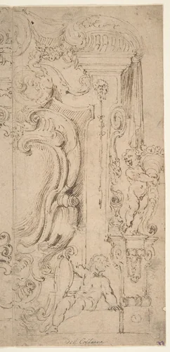Right and Part of the Left Half of a Design for a Cartouche by Michelangelo Colonna, drawing, 1604-1687