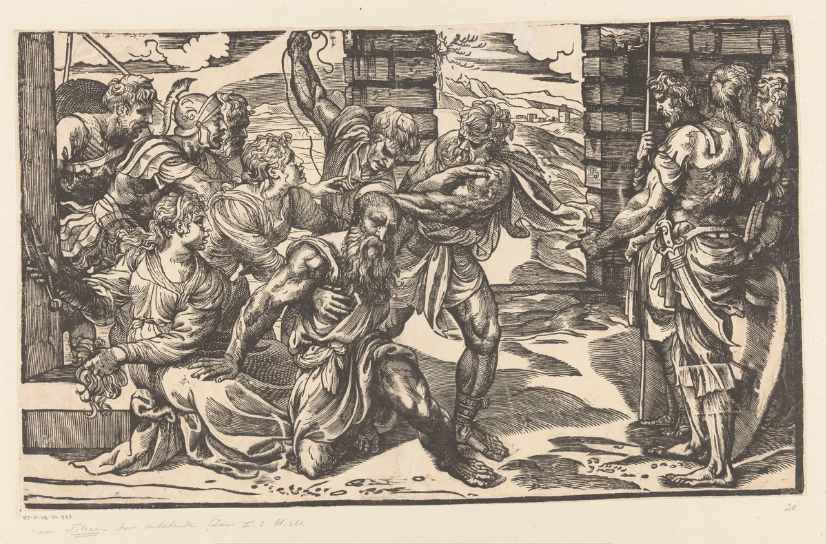 Simson vecht met Filistijnse soldaten by Titiaan, print, 1540-1545
