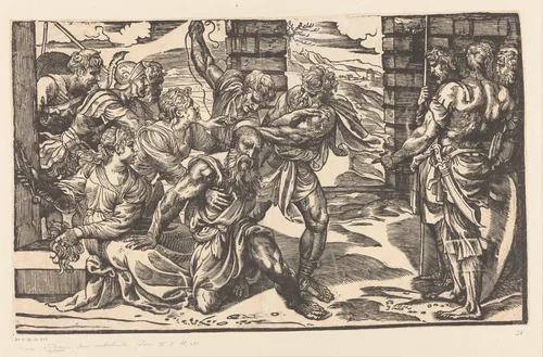 Simson vecht met Filistijnse soldaten by Titiaan, print, 1540-1545