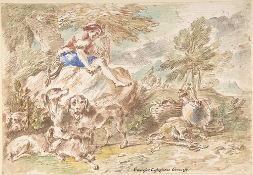 Young Hunter with His Dogs in a Landscape by Giovanni Francesco Castiglione, drawing, 1641-1710