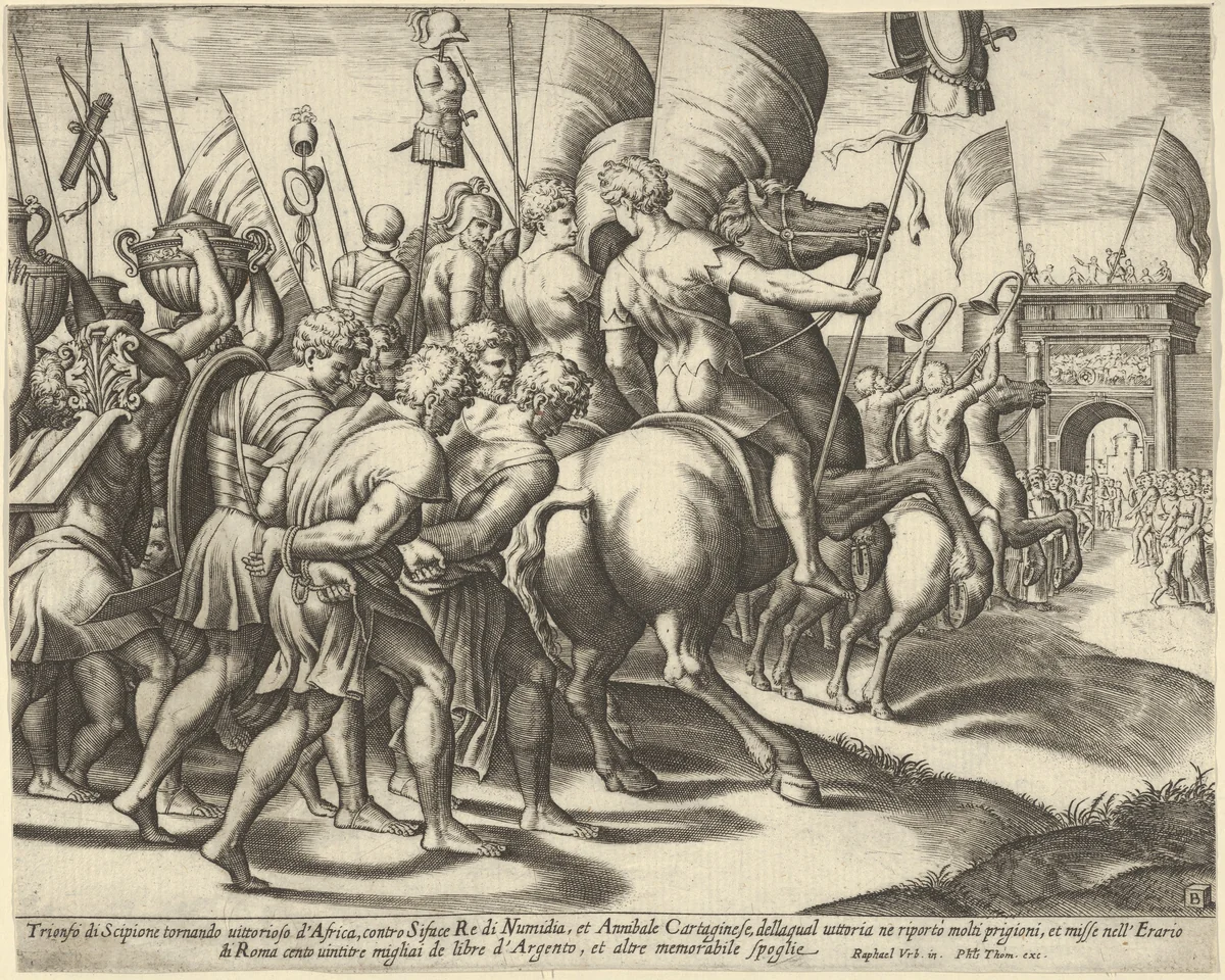 The Triumph of Scipio who rides on a horse followed by captured slaves by Master of the Die, print, 1530-1560