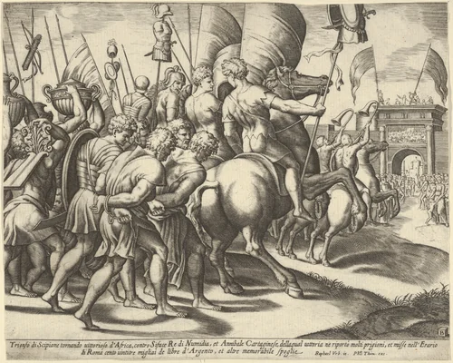 The Triumph of Scipio who rides on a horse followed by captured slaves by Master of the Die, print, 1530-1560