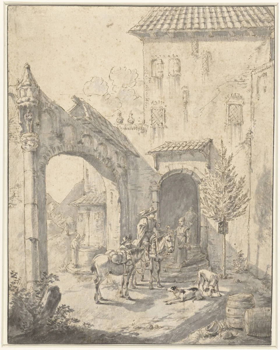 Twee ruiters pleisteren op de voorhoof van een herberg by Johann Heinrich Roos, drawing, 1641-1685