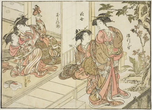 Courtesans of Maruebiya, from the book "Mirror of Beautiful Women of the Pleasure Quarters (Seiro bijin awase sugata kagami)," vol. 2 by Katsukawa Shunsho (勝川 春章), print, 1776