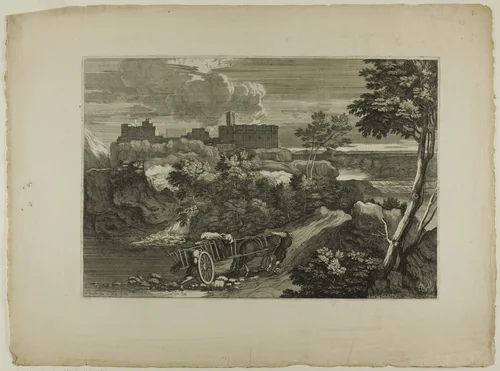 Two Carters Pushing Their Cart and Animals by Sébastien Bourdon, print, 1668-1671