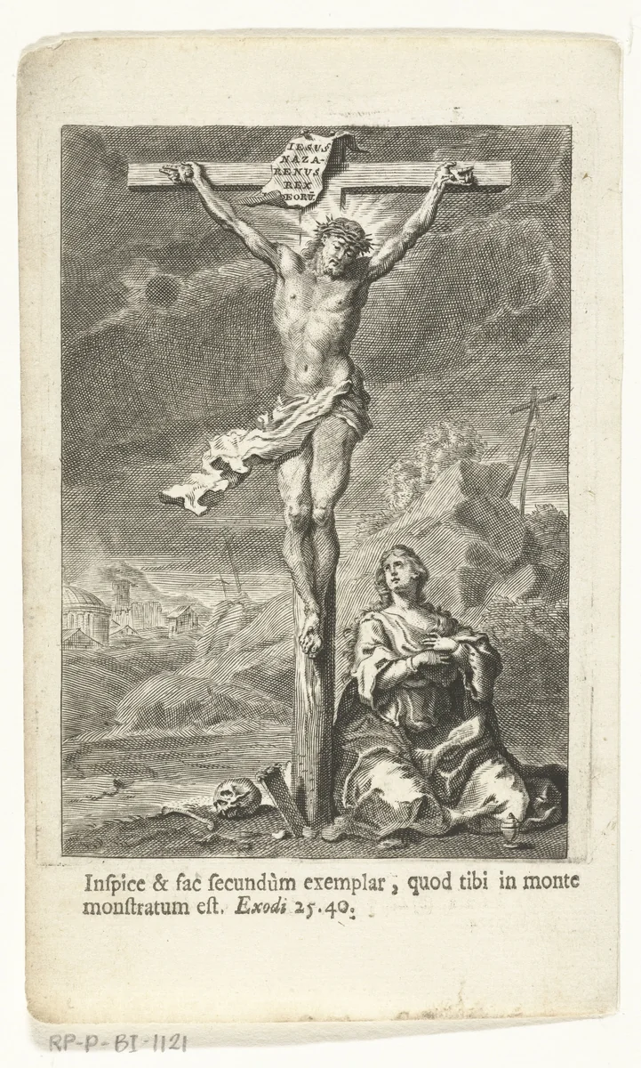 Maria Magdalena knielt bij Christus aan het kruis by Jan Baptist Berterham, print, 1696-1721