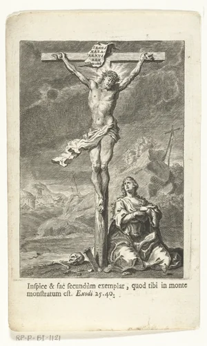 Maria Magdalena knielt bij Christus aan het kruis by Jan Baptist Berterham, print, 1696-1721