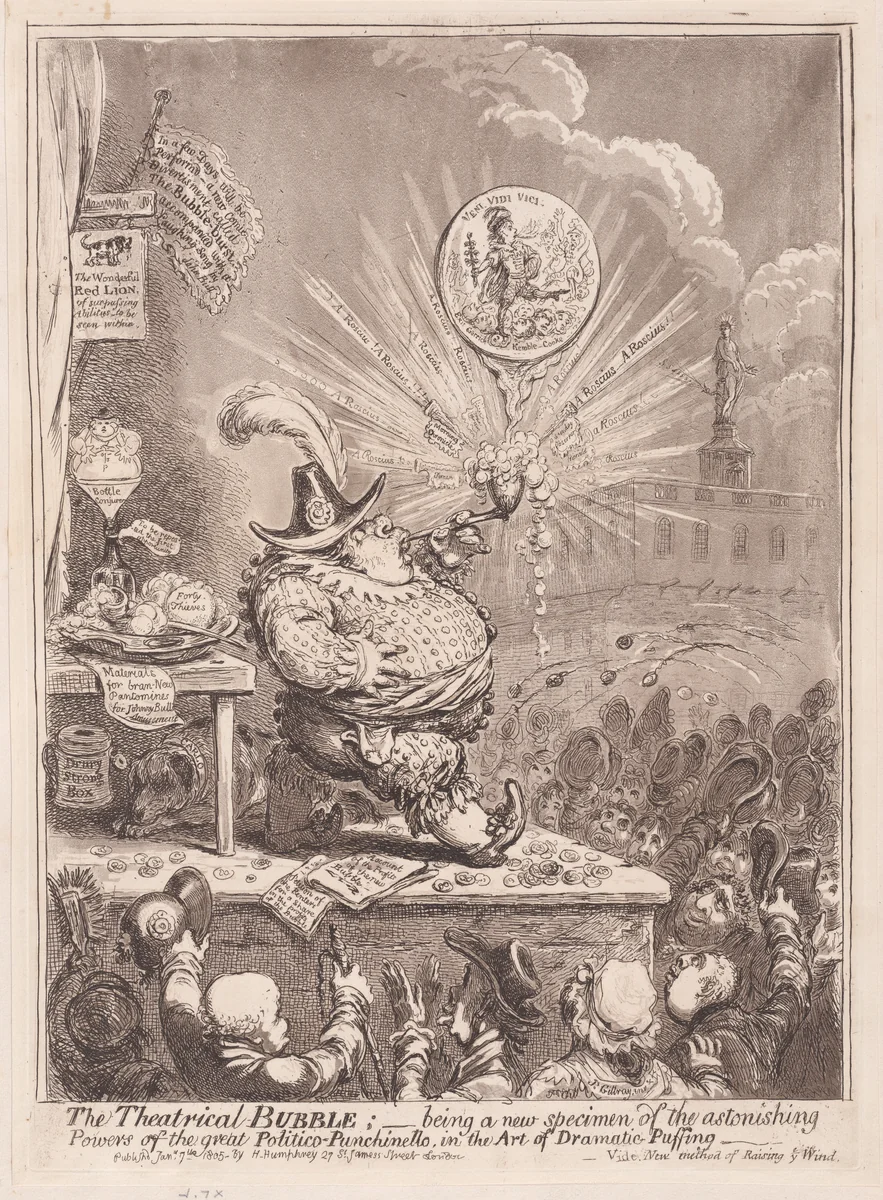 The Theatrical Bubble; being a new Specimen of the Astonishing Powers of the Great Politiico-Punchinello in the Art of Dramatic Puffing by James Gillray, print, 1805