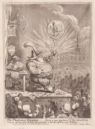 The Theatrical Bubble; being a new Specimen of the Astonishing Powers of the Great Politiico-Punchinello in the Art of Dramatic Puffing by James Gillray, print, 1805