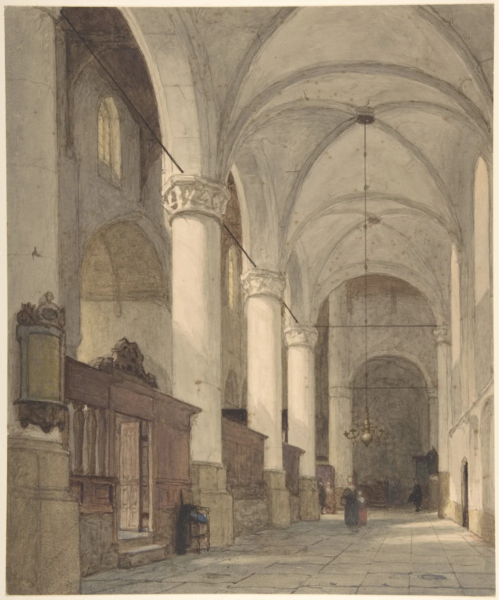 Vaulted Side Aisle of a Church, with Figures by Johannes Bosboom, drawing, 1830-1891