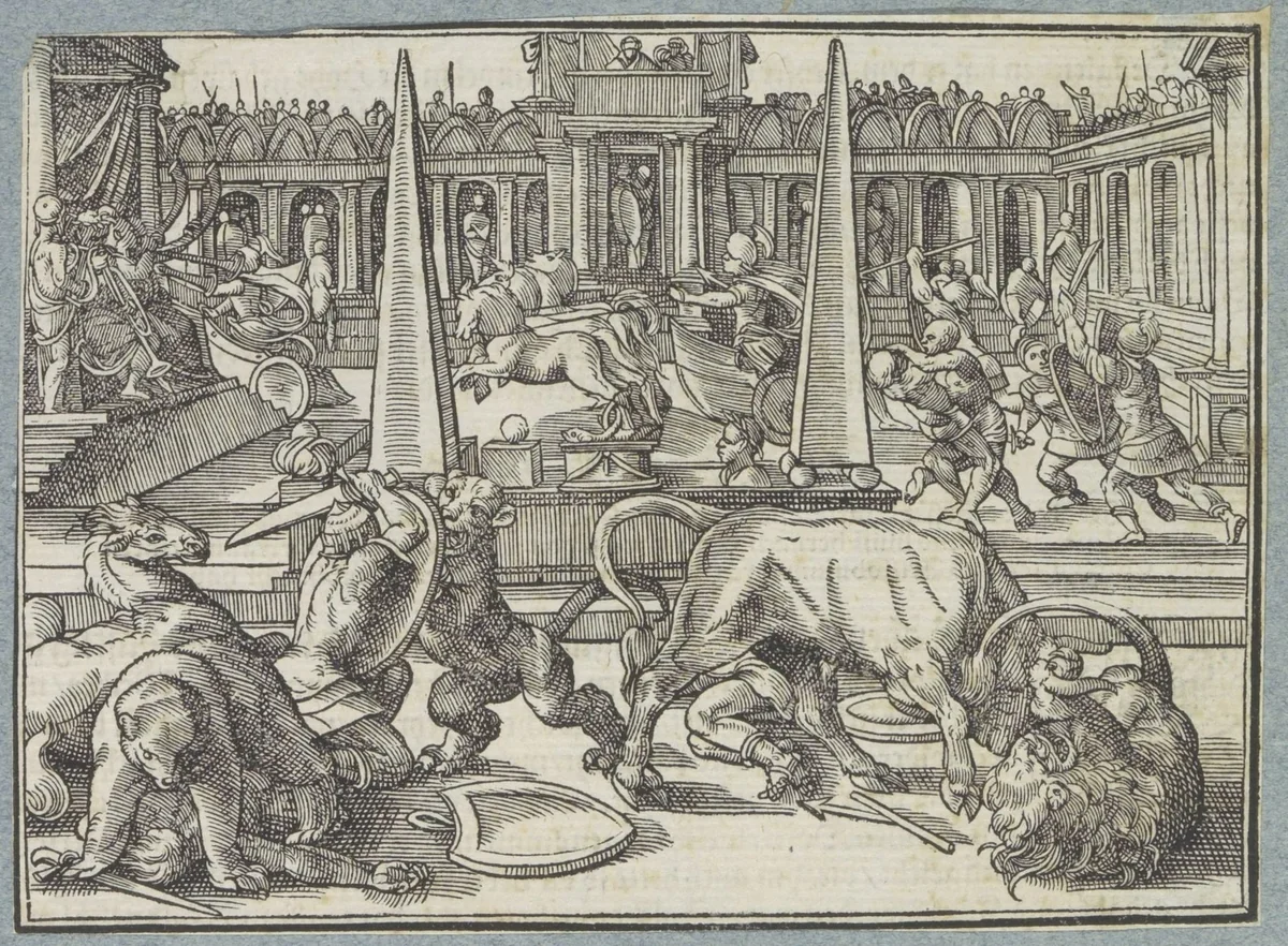 Vechtende gladiatoren in een arena by Christoffel van Sichem, print, 1574